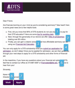 An original email DTS sent to prospective students with seven different calls-to-action.